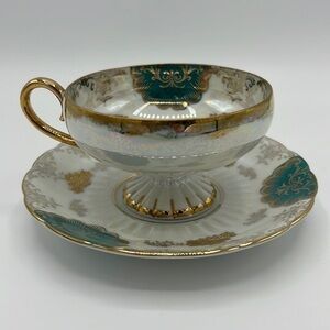L M ROYAL HALSEY VERY FINE CHINA TEA CUP AND SAUCER SET GOLD, TEAL & IRIDESCENT
